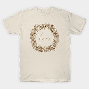 Floral Wreath with Butterflies and Love Word T-Shirt